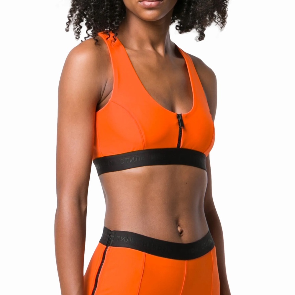 Heron Preston Orange Zip-Front Sports Bra with Black Band